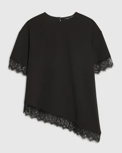 Black Short Sleeve Lace Trim Asymmetric Top