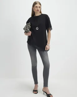 Black Short Sleeve Lace Trim Asymmetric Top