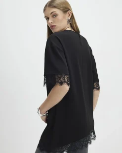 Black Short Sleeve Lace Trim Asymmetric Top