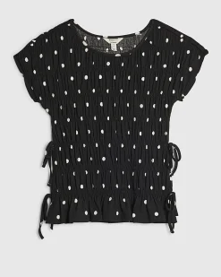 Black Short Sleeve Shirred Polka Dot Top