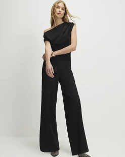 Black Sleeveless Asymmetric Drape Jumpsuit