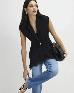 Black Sleeveless Cinched Waist Blazer