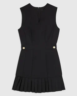 Black Sleeveless Pleated Hem Tab Mini Dress
