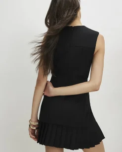 Black Sleeveless Pleated Hem Tab Mini Dress