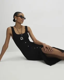 Black Sleeveless Ribbed Button Midi Dress