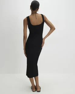 Black Sleeveless Ribbed Button Midi Dress