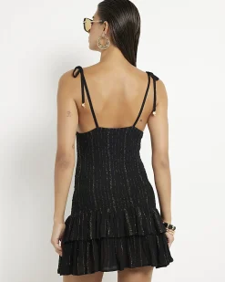 Black Sleeveless Shirred Mini Beach Dress