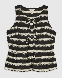 Black Sleeveless Striped crochet Waistcoat
