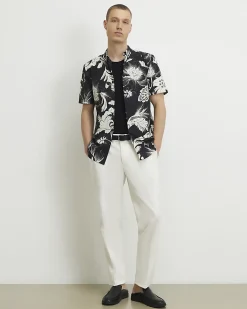 Black Slim Fit Floral Print Cotton Shirt