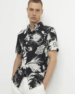 Black Slim Fit Floral Print Cotton Shirt