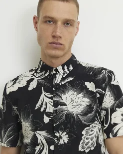Black Slim Fit Floral Print Cotton Shirt