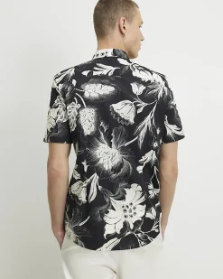 Black Slim Fit Floral Print Cotton Shirt