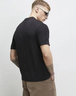 Black Slim Fit Open Neck Knitted Shirt