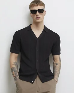 Black Slim Fit Open Neck Knitted Shirt