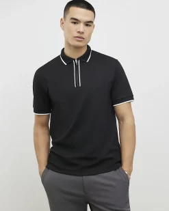 Black Slim Fit Textured Zip Tipped Polo Shirt