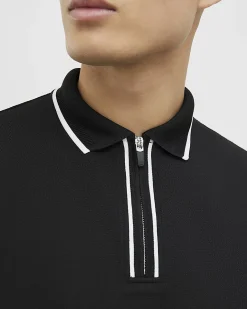 Black Slim Fit Textured Zip Tipped Polo Shirt