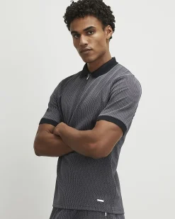 Black Slim Fit Zip Neck Jacquard Polo Shirt