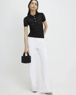 Black Stitched Knit Polo Top