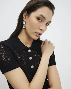 Black Stitched Knit Polo Top