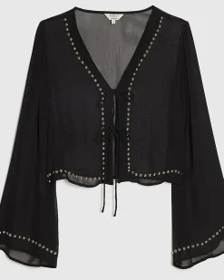 Black Stud Beach Cover Up Tie Front Blouse