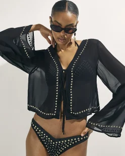 Black Stud Beach Cover Up Tie Front Blouse