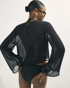 Black Stud Beach Cover Up Tie Front Blouse