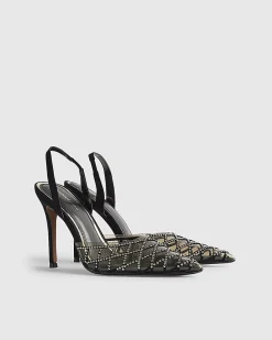 Black Studded Perspex Court Slingback Heels