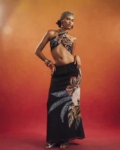 Black TDH P Beaded Floral Maxi Skirt