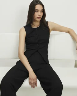 Black Textured Button Through Sleeveless Top