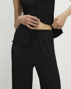 Black Textured Wide Leg Trousers