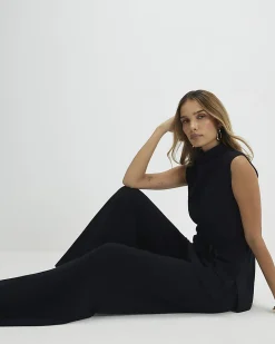 Black Textured Wide Leg Trousers