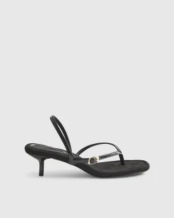 Black Toe Thong Heeled Sandals