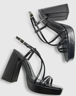 Black Triple Strap Platform Heeled Sandals
