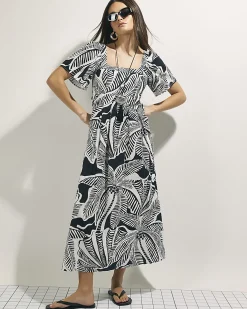 Black Tropical Leaf Shirred Midi Dress