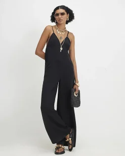 Black Twill V-neck Jumpsuit