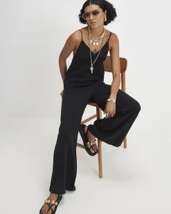 Black Twill V-neck Jumpsuit