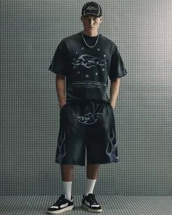 Black Washed Flame Shorts