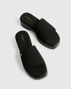 Black Wide Fit Knitted Mule Flatform Sandals