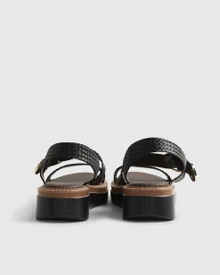 Black Wide Fit Woven Buckle Flatform Sandals