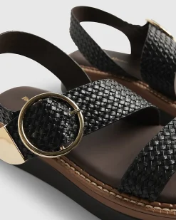 Black Wide Fit Woven Buckle Flatform Sandals