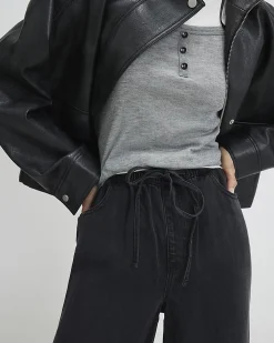 Black Wide Leg Pyjama Style Drawstring Jeans