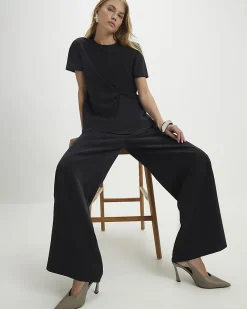 Black Woven Cupro Straight Leg Trousers