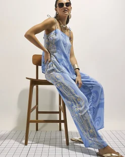 Blue Abstract Palm Print Wide Leg Trousers