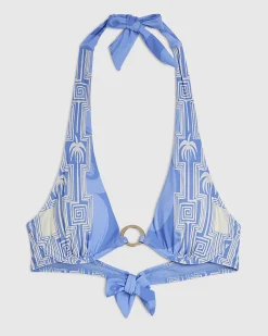 Blue Abstract Print Plunge Neck Bikini Top