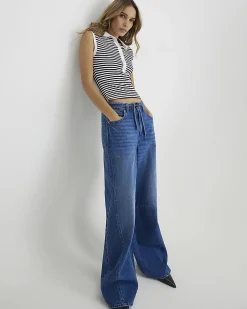 Blue Baggy Wide Leg Tie Waist Jeans