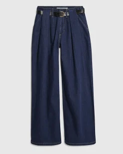 Blue Belted Pleated Wide Leg Jeans