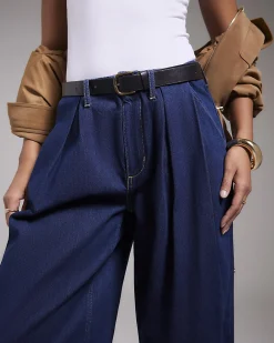 Blue Belted Pleated Wide Leg Jeans