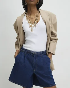 Blue Belted Tailored Denim Shorts