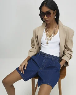 Blue Belted Tailored Denim Shorts