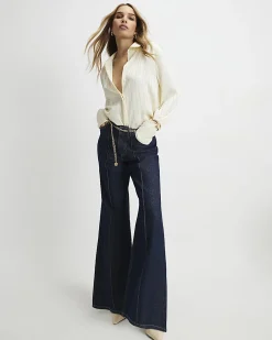 Blue Belted Wide Leg Jeans